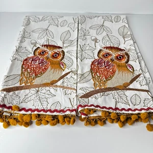 Set of 2 Owl Embroidery Kitchen Handmade Towels Made in India W/ Pom-Pom Fall - Picture 1 of 6