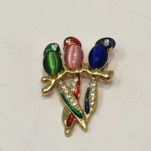Parrot Bird Trio Moonglow Rhinestone Brooch Pin Blue Red Green Tropical Vintage - Picture 1 of 5