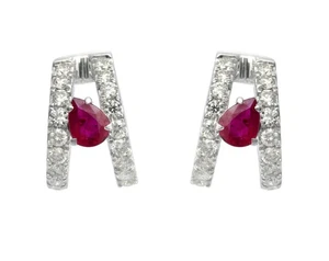 0.48ct Natural Round Diamond 14K BIS Hallmarked White Gold Ruby Hoop Earrings - Picture 1 of 4