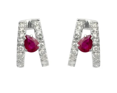 0.48ct Natural Round Diamond 14K BIS Hallmarked White Gold Ruby Hoop Earrings - Image 1 of 4
