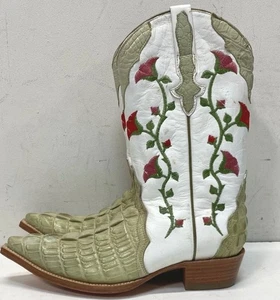 AQUILA REAL WHITE GREEN FLORAL COWBOY BOOTS WOMENS 6.5 B PRE-OWNED - Picture 1 of 7