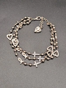 Premier Design Three Cord Bracelet Christian Silver Tone Cross Heart Icthus Fish - Picture 1 of 10