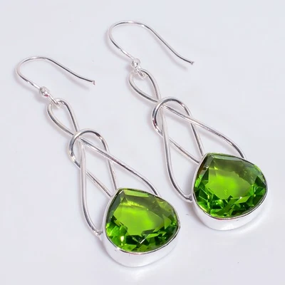 Peridot Gemstone Ethnic Handmade Jewelry 925 Sterling Silver Earrings 2.2" V199 - Image 1 of 4
