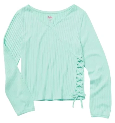 Justice Girls Top Aqua Size 7/8 Pullover Long Sleeve Side Lace Up Rib Knit - Изображение 1 из 4