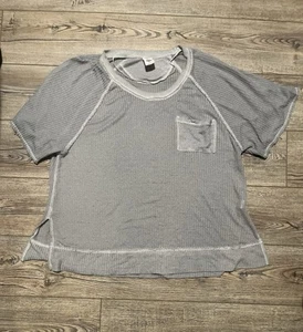 Free People Oversized Slouchy Gray Distressed Waffle Thermal Boyfriend Tee  - Picture 1 of 2