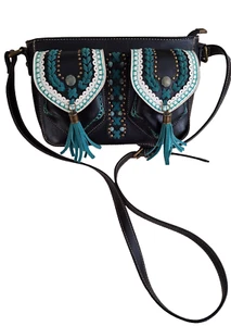 Montana West Crossbody Purse Black/Turquoise/Tassels/Pockets - Picture 1 of 19
