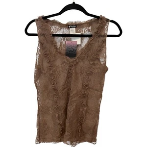 Lily White Floral Lace Tank Top Brown Womens Size L 90s Y2K Vtg V Neck Nylon NWT - Picture 1 of 6