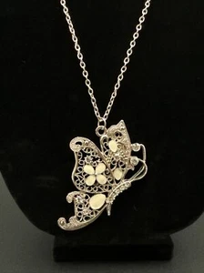 Vintage Butterfly Necklace- Unmarked Rhinestone, White Enamel Silver Tone - Picture 1 of 5