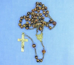 Vintage Rosary with Tiger’s Eye Glass Beads with Gold Tone Metal Crucifix - Picture 1 of 12