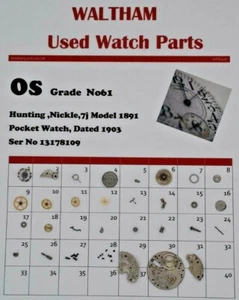 Piezas de Reloj Antiguo Waltham 0 0s Modelo 1891 Grado 61 Ser No 13178109 WP8/08 - Imagen 1 de 1