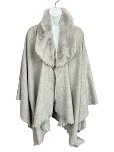 Liz Claiborne Shawl Pashmina Poncho Faux Fur Collar Open Front Gray One Size EUC - Picture 1 of 8