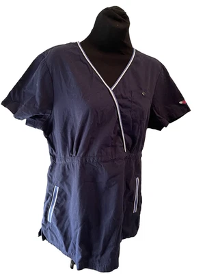 Koi Scrub Top Navy Kathy Peterson Cotton/Poly Blend Pockets Nurse RN Size Large - Image 1 of 4