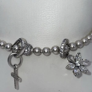 Pandora Silver Bead Bracelet White Stone Set Cross & Flower Design Charm (14.3g) - Picture 1 of 10