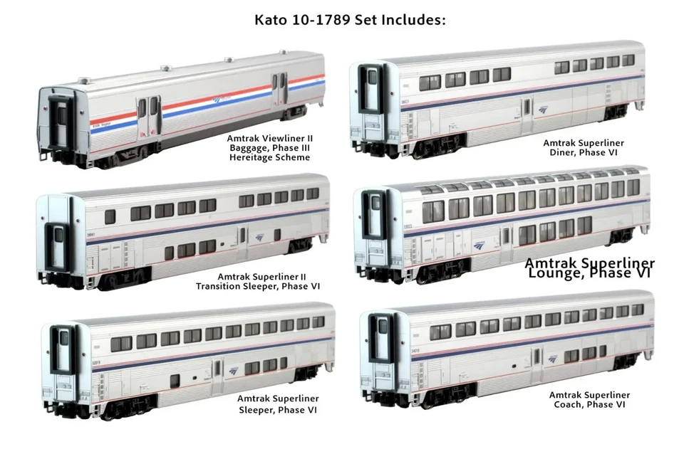 KATO N GAUGE AMTRAK SUPERLINER I PHASEVI 6 CAR SET WITH LIGHTS PN 1017891 - Image 1 of 1