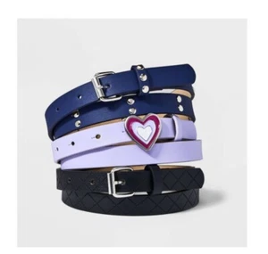 Cat & Jack Blue/Purple/Black Girls 3pk Heart Buckle Studded Embossed Belt Set XL - Picture 1 of 2