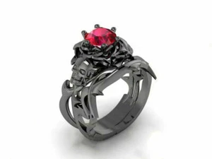 1 Ct Gothic Skull Bridal Wedding Ring Set, Rose Floral Engagement ring set - Picture 1 of 6