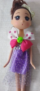 Fashion Doll Keychain Bookbag Zipper Pull Girl Purple Dress Curly Hair Green Bow - Picture 1 of 9