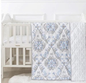 Soul & Lane 3-Piece Gray & Blue Damask Crib Bedding Set. Standard Size - Picture 1 of 10