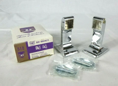 Pr NOS Vtg Mid Century Chrome Towel Bar Brackets for 3/4" Sq Bar Donner #510 Cover
