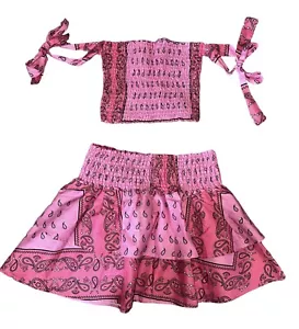 Theme Girls 2pc Pink Bandana Print Smocked Crop Top & Skirt Set L(14) - Picture 1 of 6