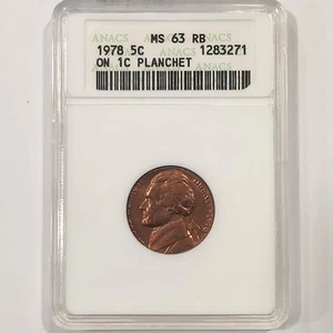 1978 P Jefferson Nickel On 1C Cent Planchet Error ANACS MS63 RB Soapbox - Picture 1 of 4