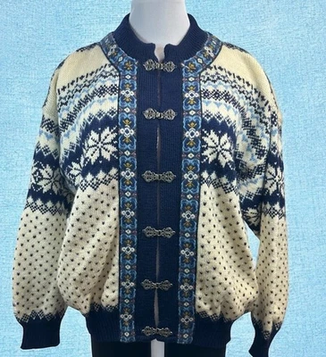 Cárdigan de lana nórdica azul blanco NORDSTRIKK suéter tejido Fair Isle cierre de peltre M Foto 1 de 4