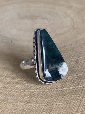 Green Red Moss Agate Ring Size R 1/2 Sterling Silver 925 Plated Pear Vintage - Image 1 of 4