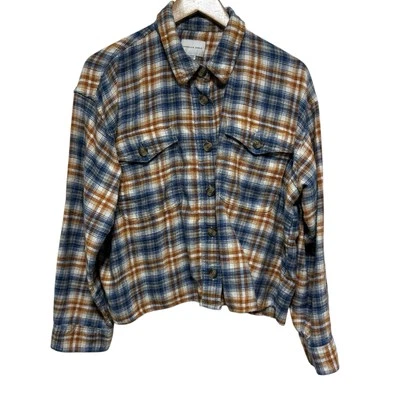 Top American Eagle para mujer XL azul franela a cuadros cuadrado recortado botón delantero Foto 1 de 4