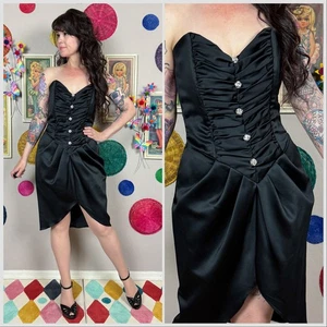 Vintage 1980s Black Satin Strapless Sweetheart Ruched Cocktail Dress | 30" Waist - Picture 1 of 5
