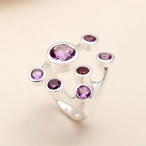 Anillo abierto multi amatista redondo de plata de ley 925 para mujer - Imagen 1 de 4