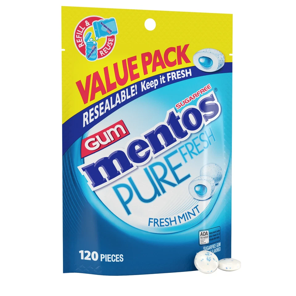 Mentos Chewing Gum Pure Fresh MINT Sugar Xylitol BULK Resealable Bag 120pc