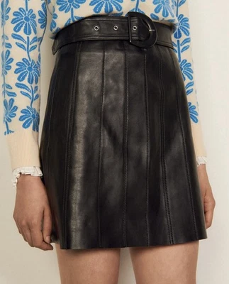 Falda SANDRO Leena Para Mujer PEQUEÑA Cuero Cordero Mini Forrada Cinturón Cremallera Mosca Foto 1 de 4
