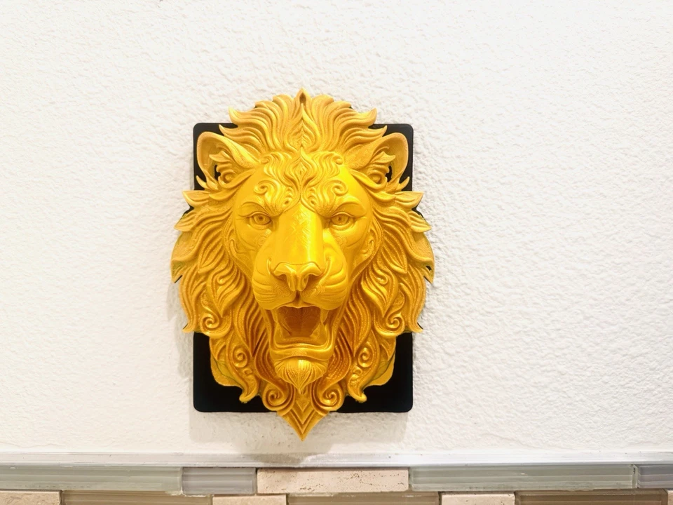 "Majestuosa escultura de pared con cabeza de león dorado de 9"" | Audaz pieza de arte de decoración del hogar real" Foto 1 de 4