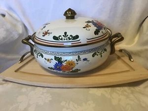 ASTA Enamelware Dutch Oven Pan/Lid Casserole Floral 1960s Brass Handles Vintage - Picture 1 of 15