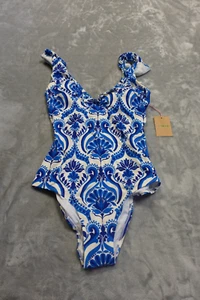 NWT Boden One Piece Evia Ruffle Ornamental Floral Swimsuit Blue Size 6L - Picture 1 of 7