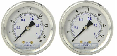 2 PACK LIQUID FILLED PRESSURE GAUGE 0-15 PSI, 2" FACE, 1/4" BACK MOUNT - Image 1 of 3