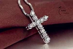 Crystal Cross Pendant Necklace 925 Sterling Silver Chain Womens Jewellery Jesus - Picture 1 of 7