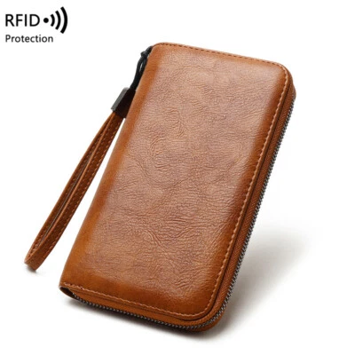 Women Men RFID Handheld Concertina Card Holder Faux Leather Long Zipper Wallet - Image 1 of 4