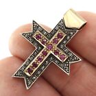 14K Real Yellow Gold Ruby And Diamond Cross Crucifix Vintage Used Italy Pendant