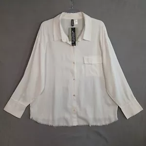 H&M Divided Women's Linen Blend Frayed Hem Long Sleeve Shirt Size XL Ivory NWT - Picture 1 of 12