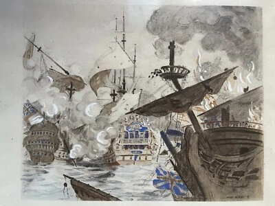 André NIVARD ( D’après) 1880-1969 Bataille Navale Gouache Au Pochoir - Photo 1/4