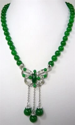 Модный 8 мм зеленый нефрит бисер 18KWGP кристалл бабочка подвеска ожерелье - Изображение 1 из 4