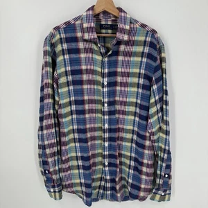 Polo Ralph Lauren Mens Large 100% Linen Colorful Plaid Button Up Shirt Blue Pink - Picture 1 of 5