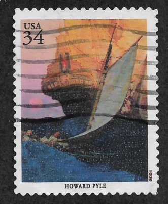 US #3502h (2001) “An Attack on a Galleon” by Howard Pyle - Used - EFO: Anomaly - Image 1 of 3
