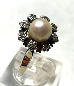 750 Gold 18 K Ring Weißgold Akoya Perle + 8 Brillanten klassisch Juwelier RG 54 - Bild 1 von 9