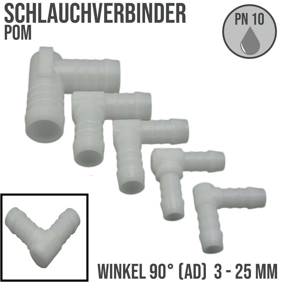 DEINSCHLAUCH24 Schlauch Verbinder Stutzen Tülle POM Winkel 90° 3 4 5 6 8 10 12 13 16 19 mm