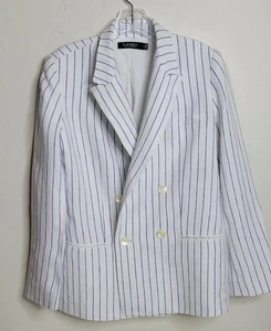 Lauren Ralph Lauren 8 White Blazer Jacket Double Breasted RRL Pinstripe Coat - Picture 1 of 9
