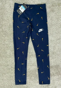 Nike Leggings Youth Girls Medium Blue Gold Swoosh Sportswear CU8337-451 - NEW - Picture 1 of 12