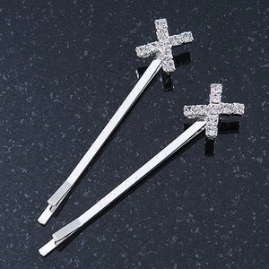 2 Rhodium Plated Clear Crystal 'Cross' Hair Grips/ Slides - 55mm Across - Picture 1 of 6