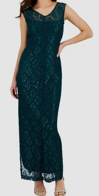 Maxi Vestido Para Mujer Connected Verde Lentejuelas-Encaje Elastizado Cuello Barco Talla 14 Foto 1 de 1